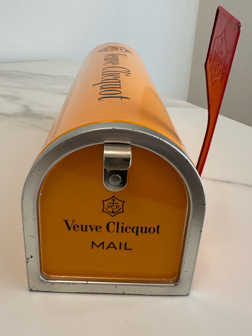 Veuve Clicquot Orange Tin Mailbox-Style Decorative Tin Champagne Holder